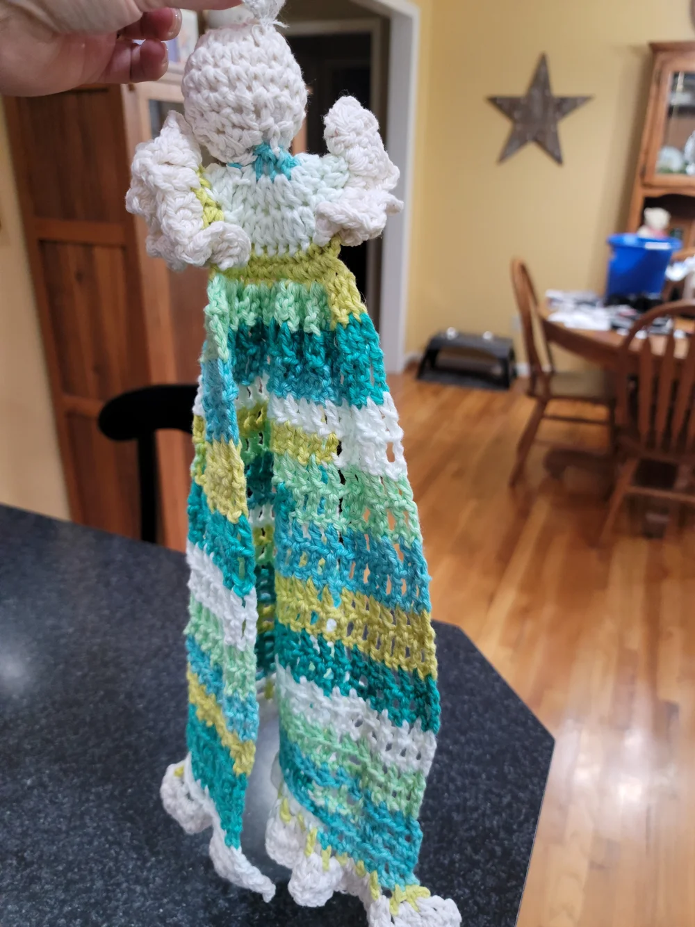 Handmade Crochet Angel Kitchen Towel - White, Aqua, Lime